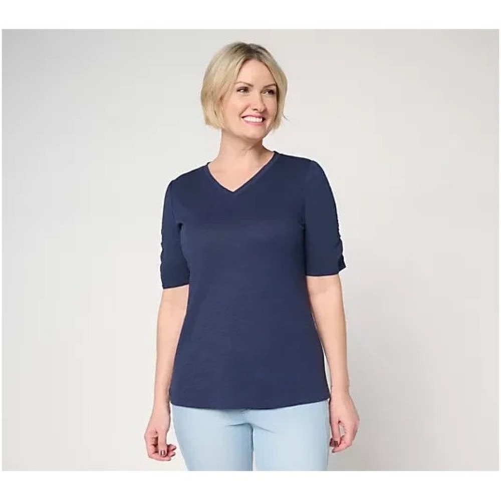 Belle Beach by Kim Gravel Slub Knit Ruched Elbow V Neck Top Twilight,Size 1X